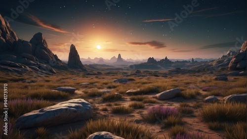 Panoramic wallpaper wonderful landscape meadows and cosmic sky