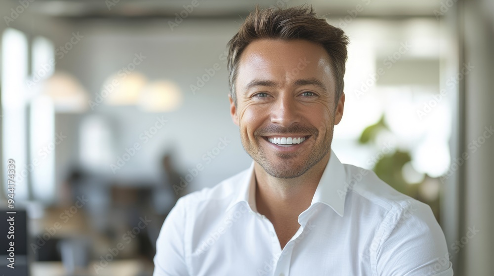 Smiling happy successful businessman dressed in white shirt in the modern office. Young manager at work