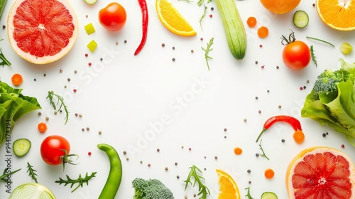 Various vegetables and fruits isolated on white background, top view, flat layout. Concept of healthy eating, food background. Frame of vegetables with space for text. 