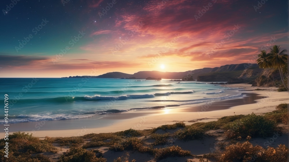 Subtle sunset over the coast, painting Subtle sunset over the coast, painting