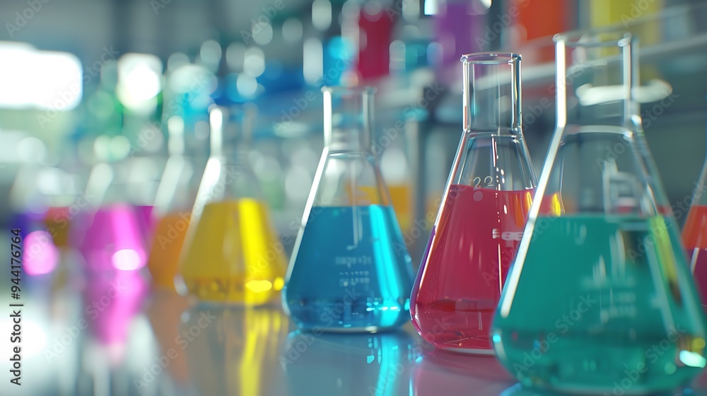 Beakers filled with colorful chemicals in a bright laboratory setting, captured in high definition Beakers filled with colorful chemicals in a bright laboratory setting, captured in high definition