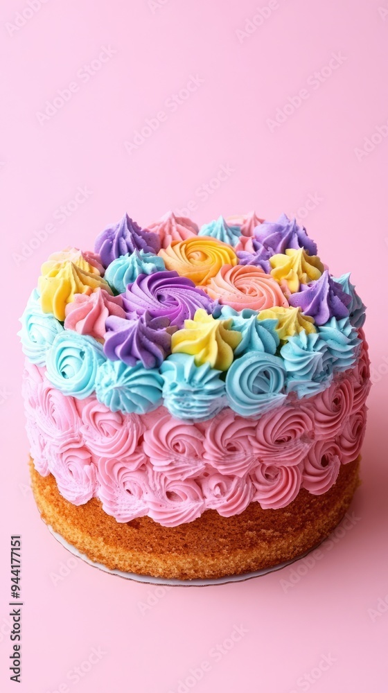Colourful layered buttercream birthday cake isolated on pink background. Sweet dessert for dinner party