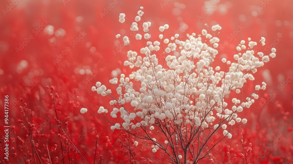 Delicate white blossoms stand out against a field of red wildflowers Delicate white blossoms stand out against a field of red wildflowers