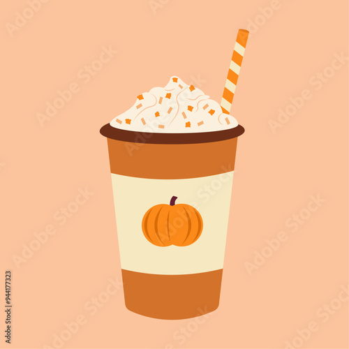 Pumpkin spice drink. Latte coffee with whipped cream in a paper cup. Hand-drawn vector illustration.