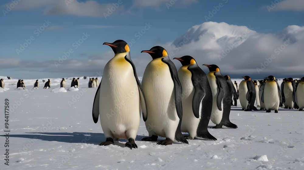 Fototapeta premium A group of Emperor penguins standing on a vast, icy landscape, scene evokes a sense of peace and tranquility. 
