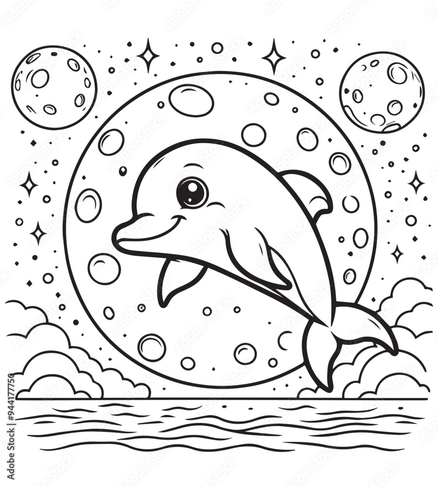Fototapeta premium Dolphin and moon coloring book page design