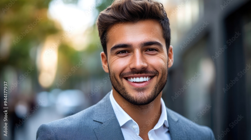 Smiling successful businessman dressed in grey suit, tie and white shirt outdoors in the city Smiling successful businessman dressed in grey suit, tie and white shirt outdoors in the city