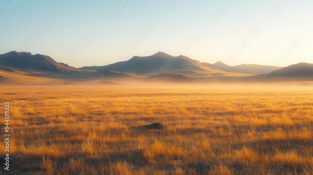 Obraz premium A vast grassy plain stretches towards a distant mountain range at dawn