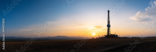 The sun sets on the horizon behind an oil rig, creating a striking silhouette against the colorful evening sky. photo