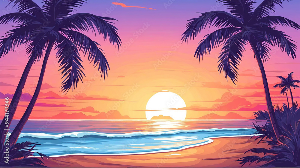 Tropical beach at sunset with palms. Vector illustration in cartoon stylee.jpg Tropical beach at sunset with palms. Vector illustration in cartoon stylee.jpg