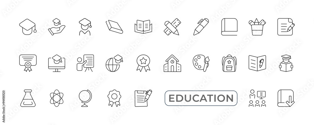 Collection of Education icon vector Illustration. Set of Study or Learning sign. Education symbol