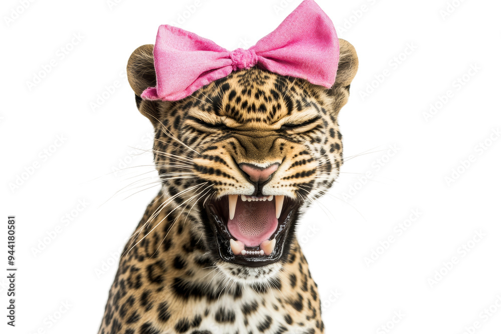 Obraz premium A leopard with a pink bow hilariously yawns, displaying its full set of teeth and vibrant spotted fur in a fun pose. Transparent background PNG
