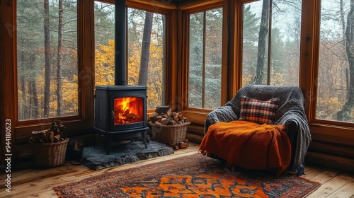 Cozy autumn log cabin interior with wood burning stove and armchair. warm, rustic retreat setting.