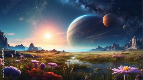 Beautiful mountain scene as if on an alien planet