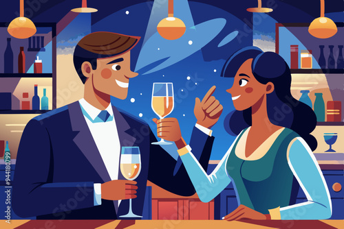 Couple Toasting with Champagne in a Cozy Bar
