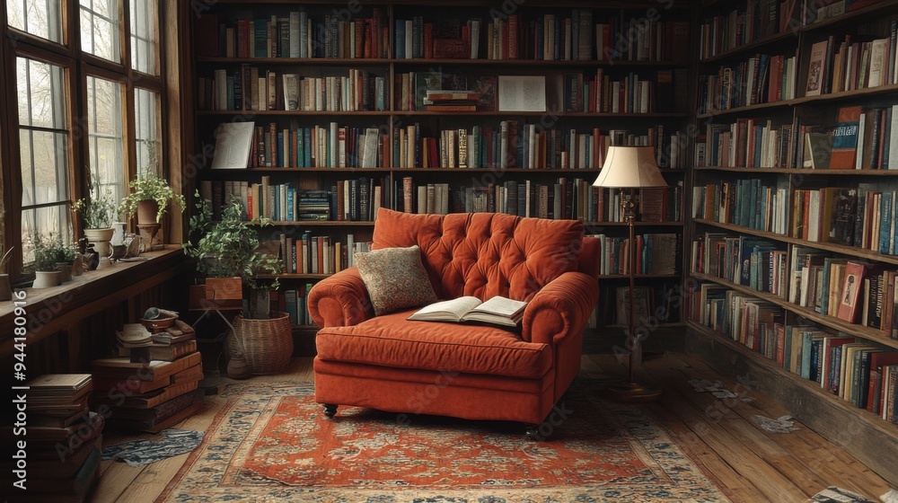 Cozy reading nook in home library with red sofa and vintage decor, bookshelves lining the walls. Cozy reading nook in home library with red sofa and vintage decor, bookshelves lining the walls.