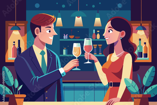 Couple Toasting with Champagne in a Cozy Bar
