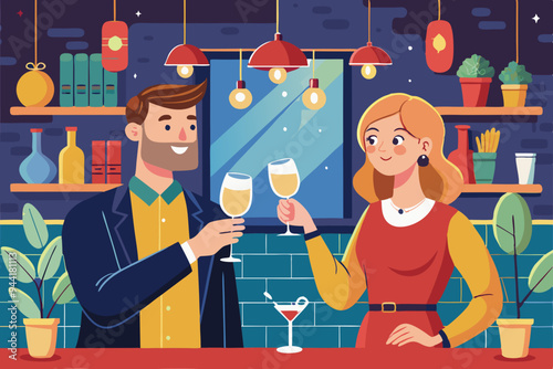 Couple Toasting with Champagne in a Cozy Bar
