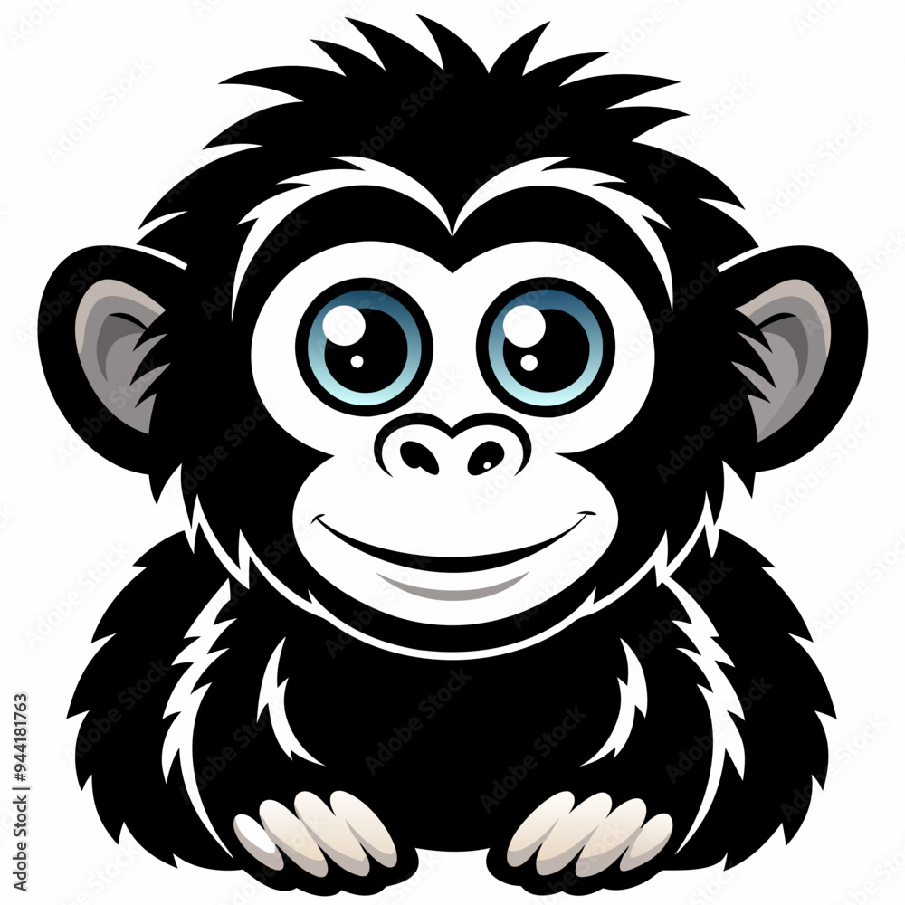 Cute Black Chimpanzee with Blue Eyes Smiling Against a White Background Cute Black Chimpanzee with Blue Eyes Smiling Against a White Background