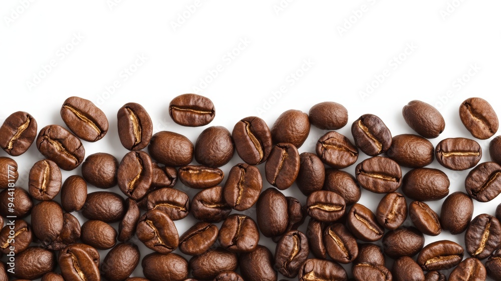Fototapeta premium Freshly Roasted Coffee Beans Scattered on a White Background for Gourmet Beverage Concepts