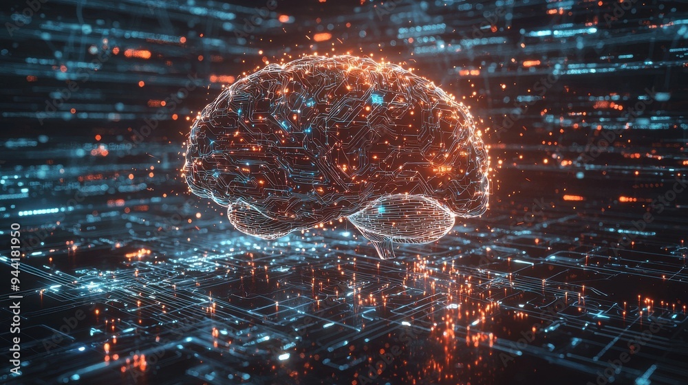 An artificial intelligence concept with a digital brain made of glowing ...