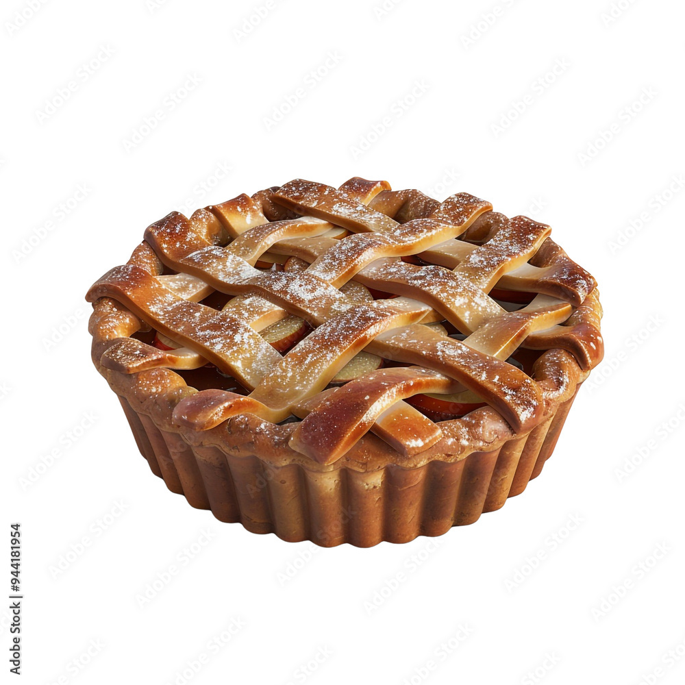 A golden brown apple pie with a lattice crust, dusted with powdered sugar A golden brown apple pie with a lattice crust, dusted with powdered sugar