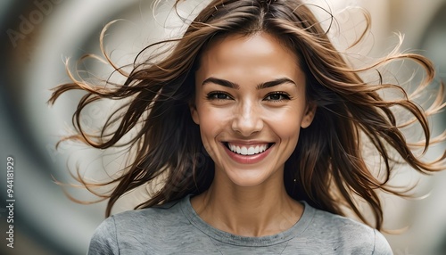 A brown-haired smiling woman, hair blowing, blurred background, motion blur