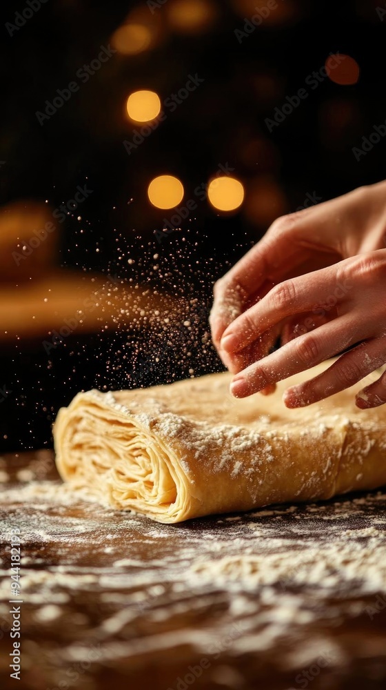 A close-up of hands rolling dough on a floured surface, capturing the art of baking in a warm and inviting kitchen. A close-up of hands rolling dough on a floured surface, capturing the art of baking in a warm and inviting kitchen.