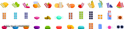 Throat lozenges icons set. Large set of various vitamins and dietary supplements in blisters and fresh fruits symbolizing healthy lifestyle