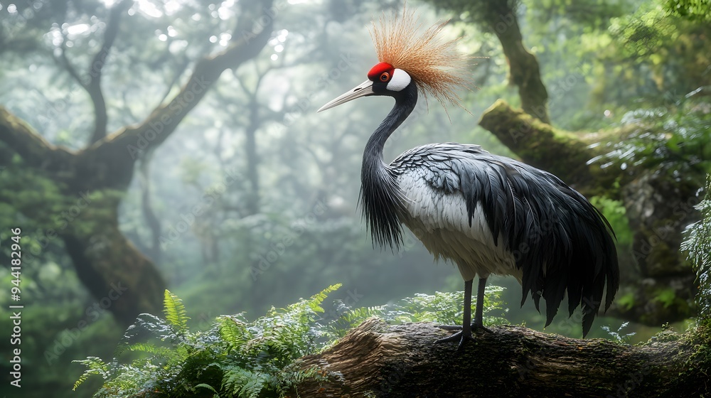 Fototapeta premium Grey Crowned Crane Bird, Perched on a Branch in Nature, Photo Realistic, Wallpaper, Cover and Screen for Smartphone, Cell Phone, Computer, Laptop, 9:16 and 16:9 Format