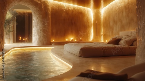 Modern bedroom with a built-in pool and warm lighting