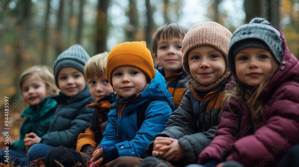 Children enjoying a playful moment in a colorful forest during autumn with warm clothing and joyful expressions Children enjoying a playful moment in a colorful forest during autumn with warm clothing and joyful expressions