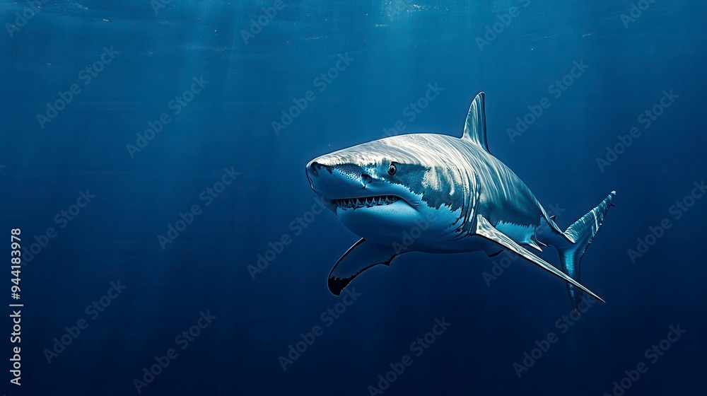 A majestic great white shark swims through the ocean A majestic great white shark swims through the ocean