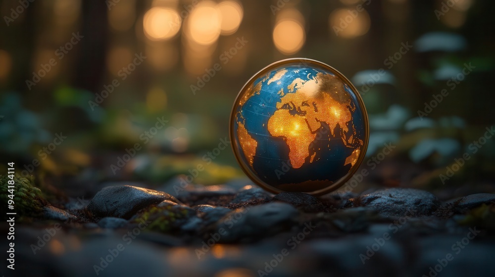 A miniature globe rests on a bed of moss and stones in a forest setting A miniature globe rests on a bed of moss and stones in a forest setting