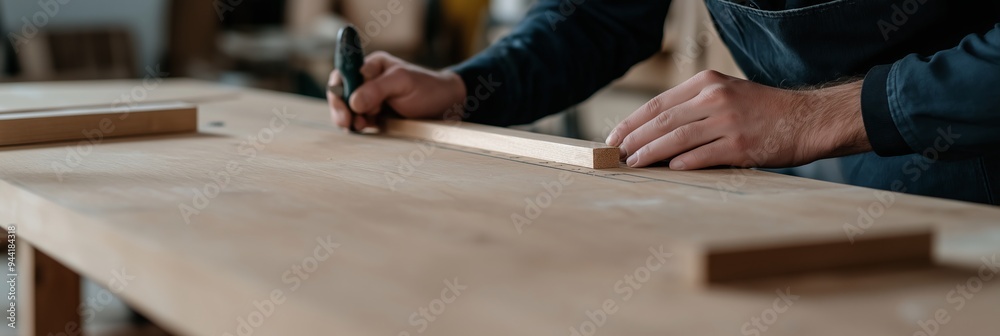 An individual is utilizing a ruler to take precise measurements on a wooden surface, ensuring accuracy. An individual is utilizing a ruler to take precise measurements on a wooden surface, ensuring accuracy.
