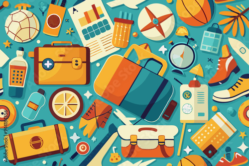This image features a seamless pattern of various travel-related items and supplies spread out, including suitcases, notebooks, sports gear, and travel essentials.
