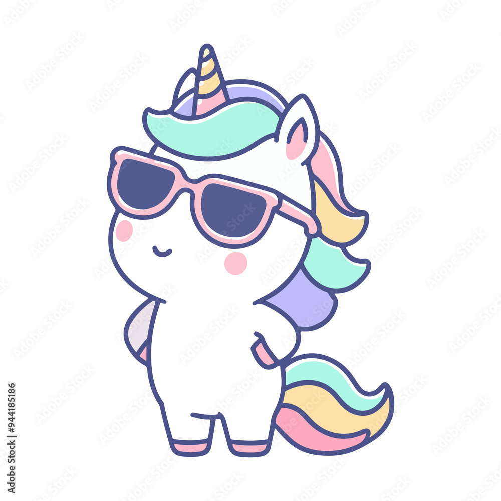 Naklejka premium cute unicorn wearing sunglasses cartoon icon character