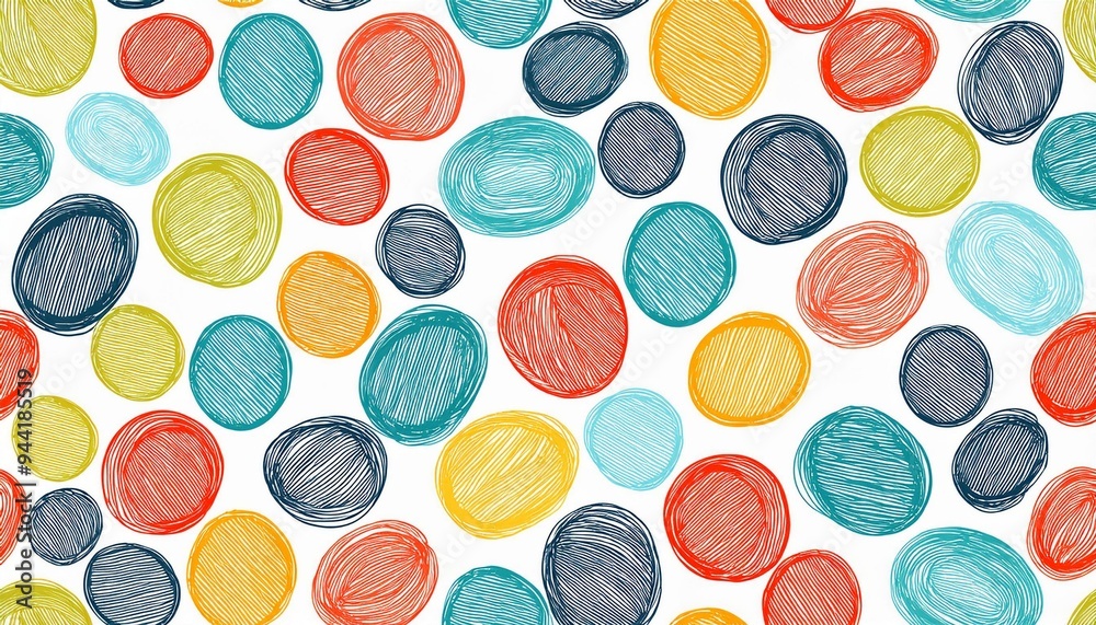 vibrant, playful seamless pattern featuring fun, colorful circles in a variety of sizes and hues. This creative, minimalist art design provides a lively, cheerful background with a modern touch
