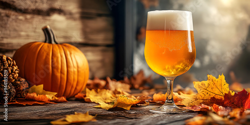 Golden craft beer with autumn leaves and pumpkin on rustic table photo