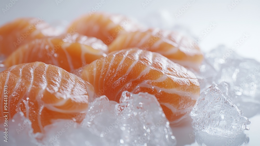 Close-up 3D view of salmon sashimi on ice, focusing on the fresh, vibrant slices and the shimmering ice on a plain white background, no people. Close-up 3D view of salmon sashimi on ice, focusing on the fresh, vibrant slices and the shimmering ice on a plain white background, no people.