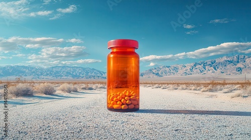A glass bottle of pills stands alone on a deserted road in a vast desert landscape