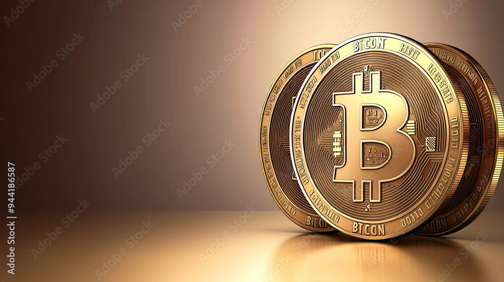 close-up of golden Bitcoin coins on a gold background