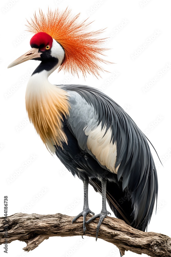 Fototapeta premium Grey Crowned Crane Bird, Perched on a Branch with White Background, Photo Realistic, Wallpaper, Cover and Screen for Smartphone, Cell Phone, Computer, Laptop, 9:16 and 16:9 Format