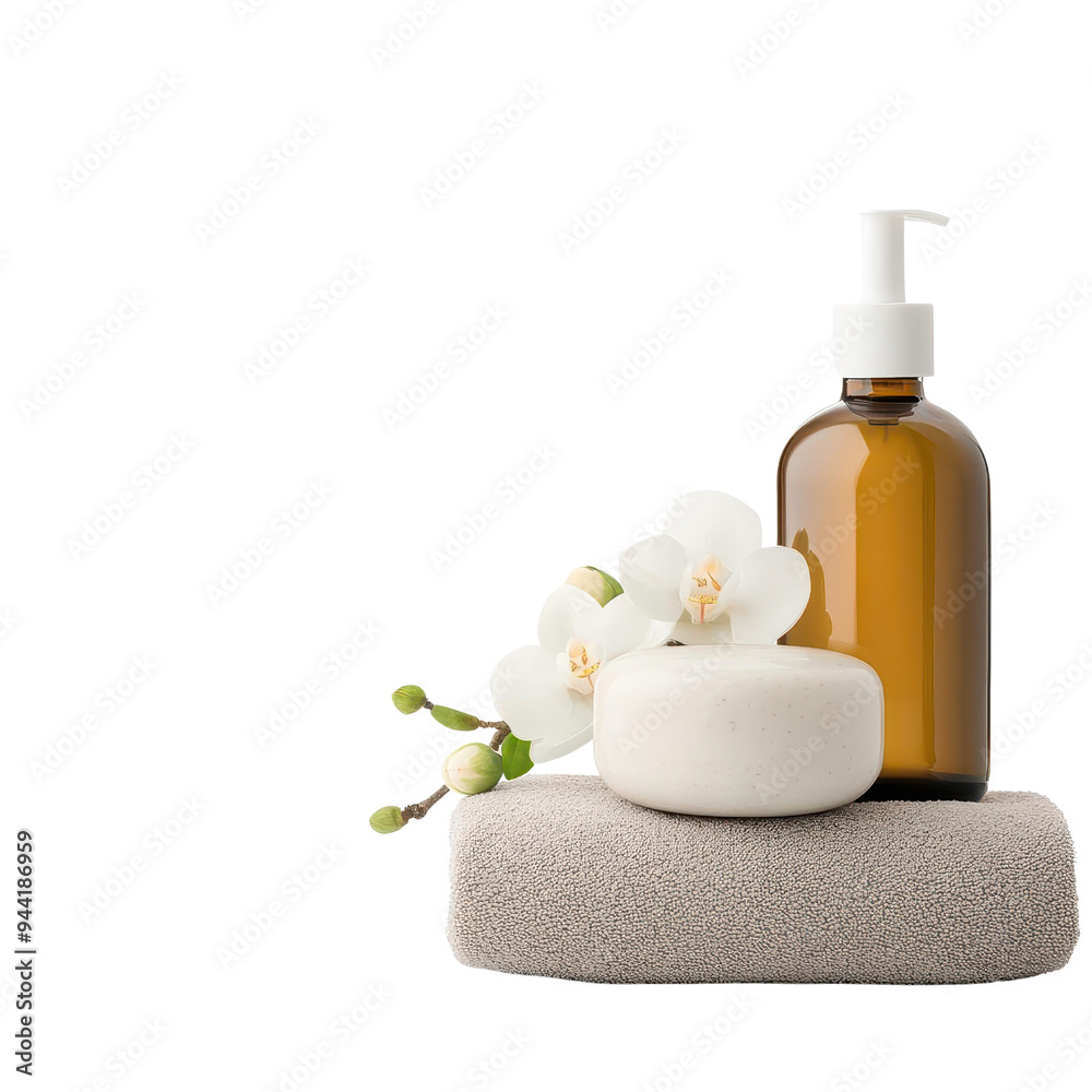 A serene beauty set featuring a glass bottle, soap, and elegant flowers, perfect for spa and wellness themes isolate on transparency background