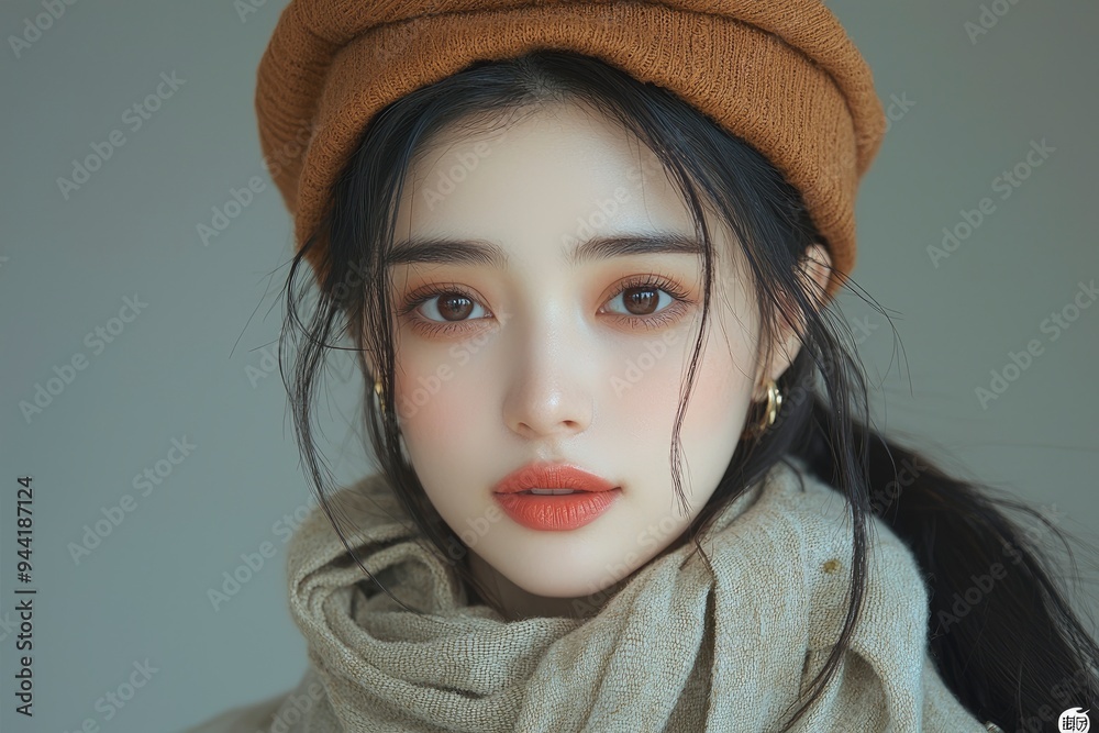 Portrait of a Young Woman Wearing a Brown Beanie and Scarf Portrait of a Young Woman Wearing a Brown Beanie and Scarf