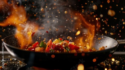 Freeze Motion of Wok Pan with Flying Ingredients in the Air and Fire Flames. 