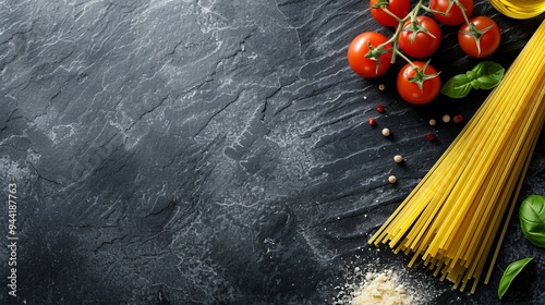 Food ingredients for italian pasta, spaghetti on black stone slate background. Copy space of your text. Banner. 