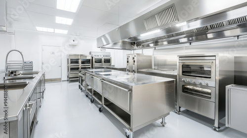 Modern commercial kitchen equipped with stainless steel appliances and ample workspace for culinary activities.