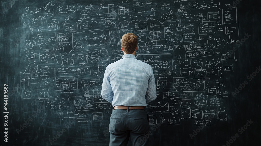 Man in front of a blackboard filled with complex mathematical diagrams and equations Man in front of a blackboard filled with complex mathematical diagrams and equations