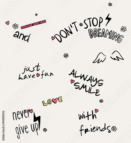 Girls seamless pattern with calligraphic slogan, hearts, words . background for textlie, graphic tees, kids wear. Wallpaper for teenager girls. Fashion style
